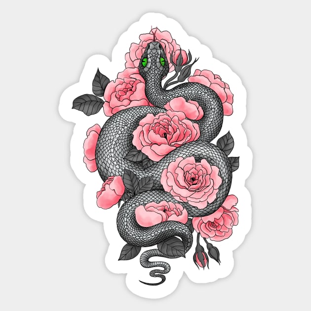 Snake and peach roses Sticker by katerinamk